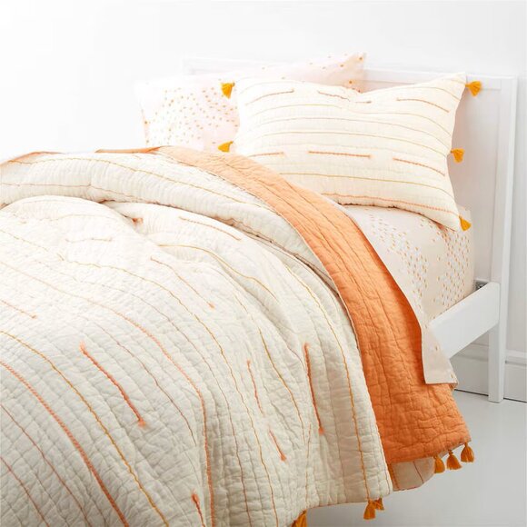 Crate & Barrel Kids Embroidered Voile Textured Stripe Peach Twin Quilt with Sham - Picture 1 of 11